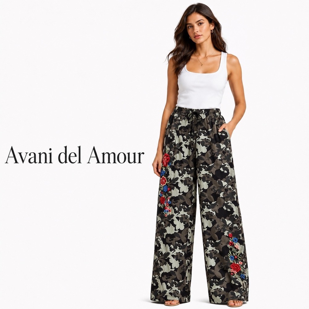 Avani del Amour Green Camo Embroidered Floral Pants